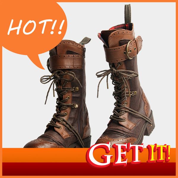 

mid-calf retro female calf riding genuine leather lace-up women's motorcycle girdle cowboy boots mujer fall shoes 9j61, Black