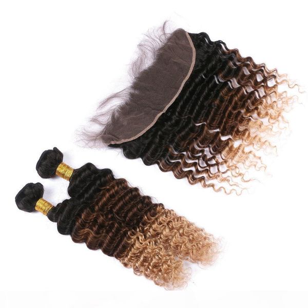 

#1b 4 27 black brown and honey blonde peruvian virgin huamn hair weaves 2bundles deep wave with 3tone ombre 13x4 lace frontal closure