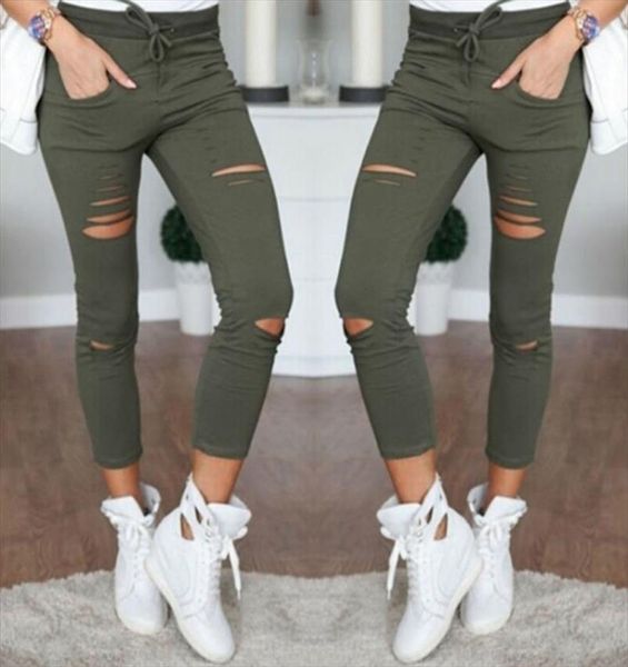 

new 2020 arrival women casual skinny stretch slim fit hole pencil pants trousers leggings army green white black