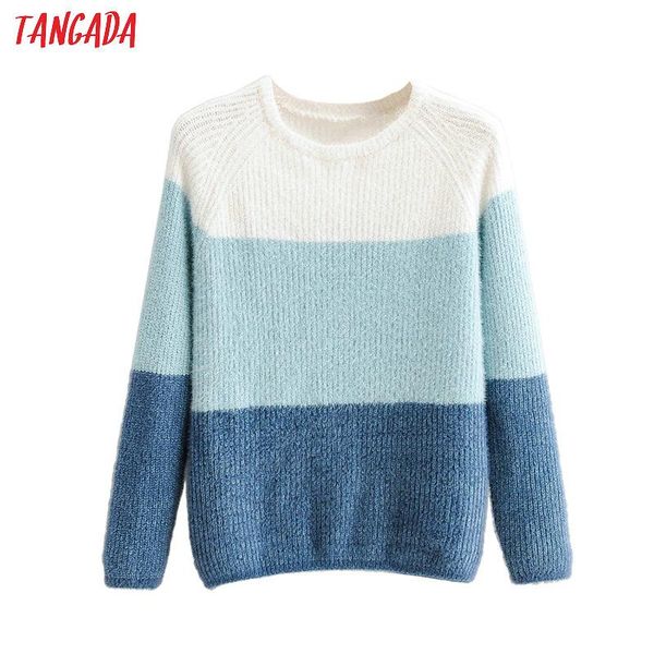 

tangada 2020 autumn women blue color block sweater loose o neck long sleeve knitted jumper 1f81, White;black