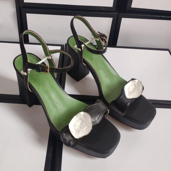 

new leather summer sandals thick heel fashion women's shoes one word with waterproof platform high heels women's design formal sho, Black