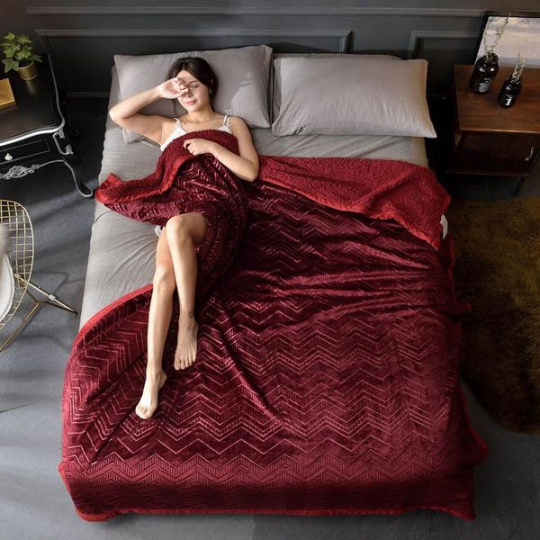 

european solid red embossed coral fleece fabric blanket soft touch thick bed blanket throw on bed/sofa/travel queen bed
