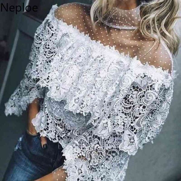 

stand collar lace patchwork blouse hollow out hook flower shawl blusas short sleeve dot irregular shirt 48543, White