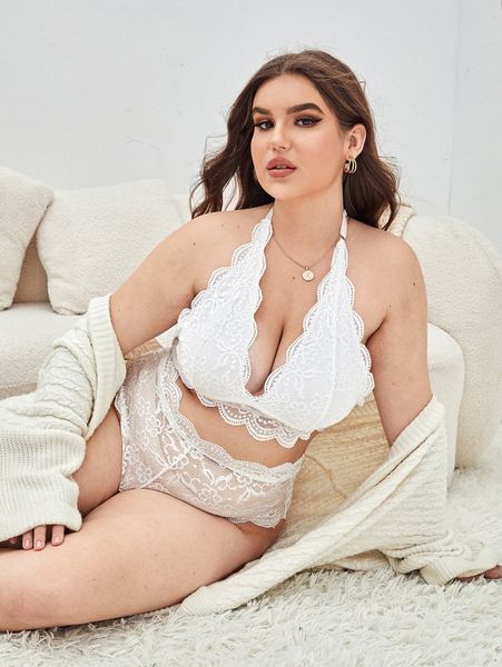 

plus floral lace scallop trim lingerie set a6uy#, Black;white