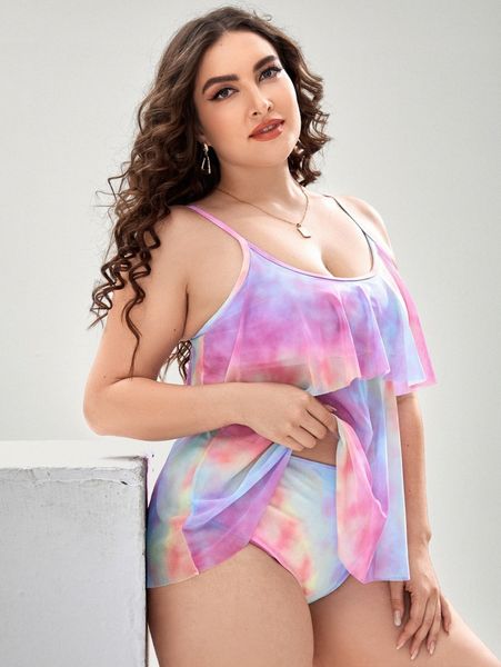 

plus tie dye flounce bikini swimsuit 76nr#, Black