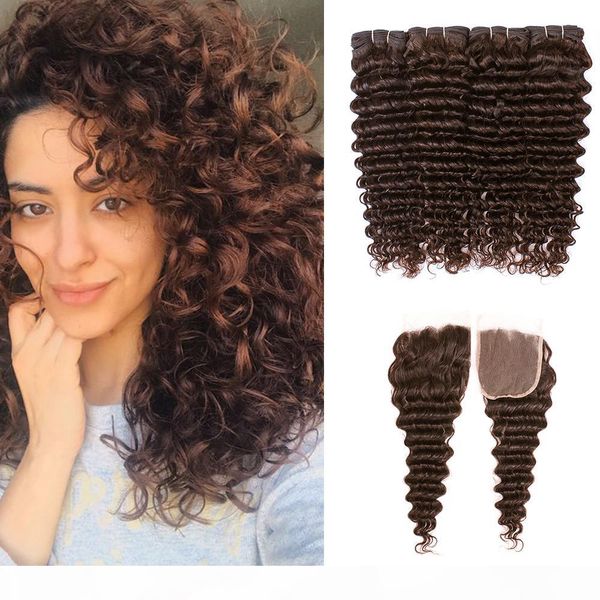 

8 бразильская deep завитой волна волос пучки с closure # 4 medium brown 4 связки с 4x4 lace closure remy человеческих волос, Black;brown