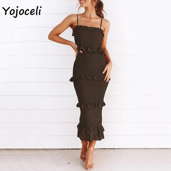 

yojoceli women layer ruffle cake dress women slim shirred dress midi party club female vestidos1, Black;gray
