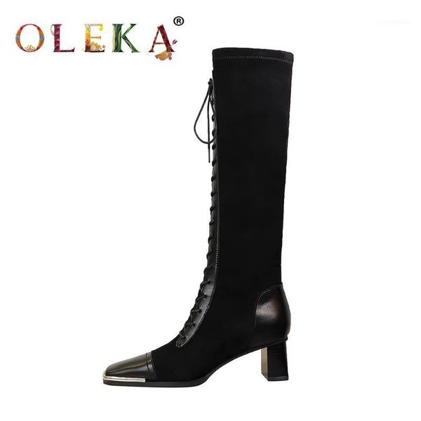 

boots oleka knee-high winter leather women square heel rome toe ladies fashion style western as7641, Black