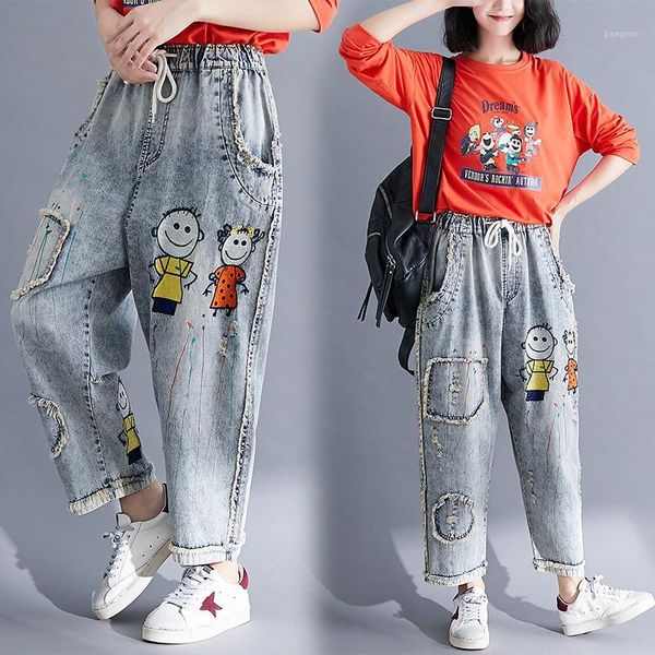 

woman plus-size jeans elastic high waist loose harem pants vintage cartoon-embroidery patchwork drawstring casual female trouser1, Blue