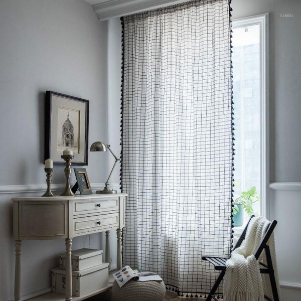 

nordic white lattice printed curtains geometric wear tube curtain home cotton and linen semi-shade bay window curtain decor1