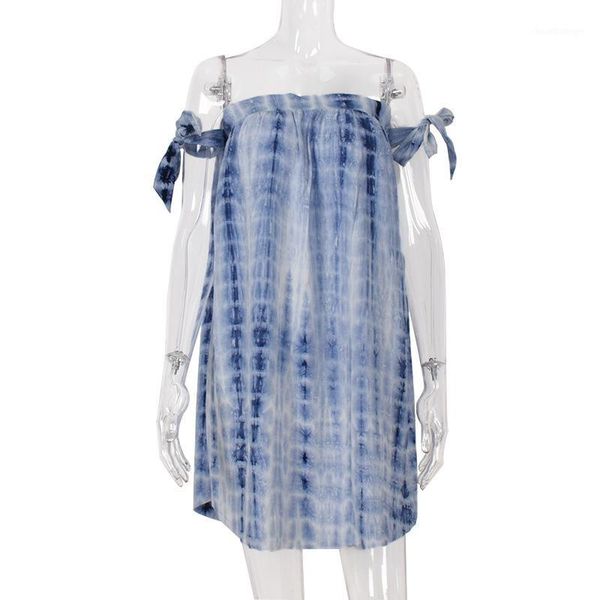 

new 2020 fashion tie dye lace up strapless summer women off shoulder casual loose chest wrap short dresses1, Black;gray