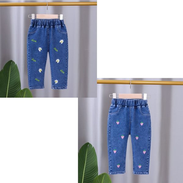 Kinder Jeans Herbst Mode Jungen Mädchen Weiche Denim Hosen Teenager Casual Erdbeere Blume Druck Hosen Kinder Kleidung 20220226 H1