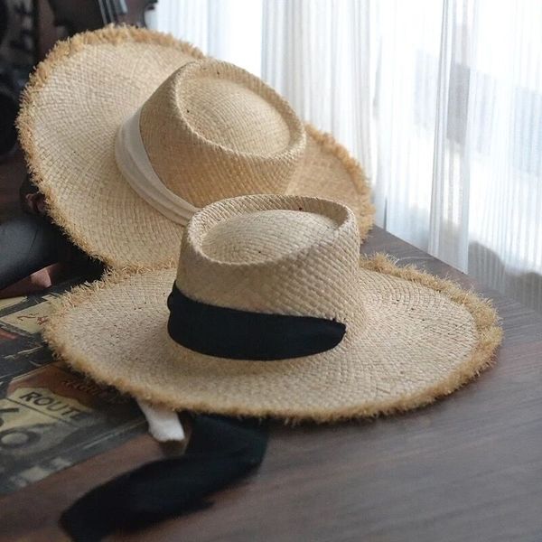 Lunadolphin Women Summer Summer Black White Ribbon Pure Color Jazz Grass Sol Bohemia Burr Big Holiday Seaside Hat Y200602