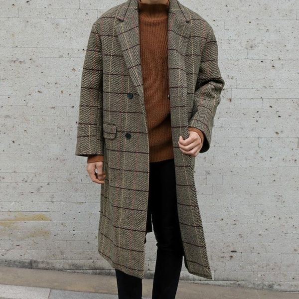 

korean thick woolen coat men's warm fashion retro casual long woolen coat men loose winter oversized jacket mens overcoat, Black