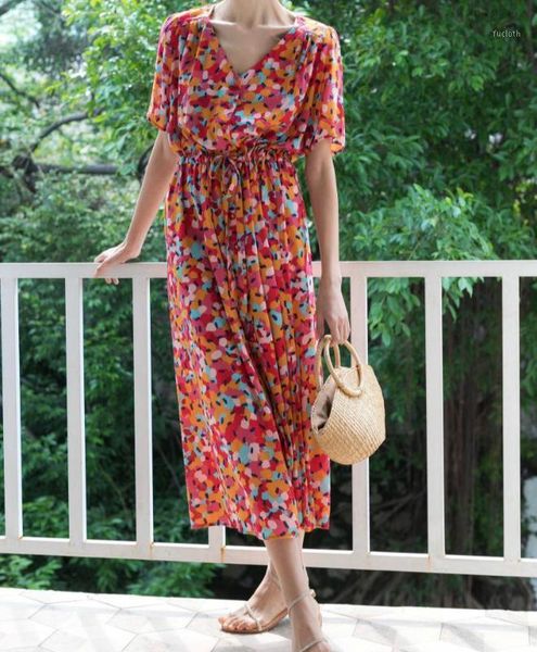 

women dress gorgeous and colorful ink printing v-neck drawstring long dress1, Black;gray