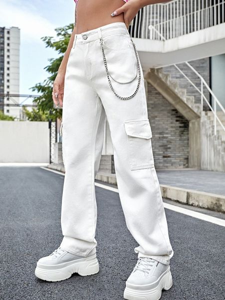 

high waisted zip up chain detail cargo jeans 79wx#, Blue