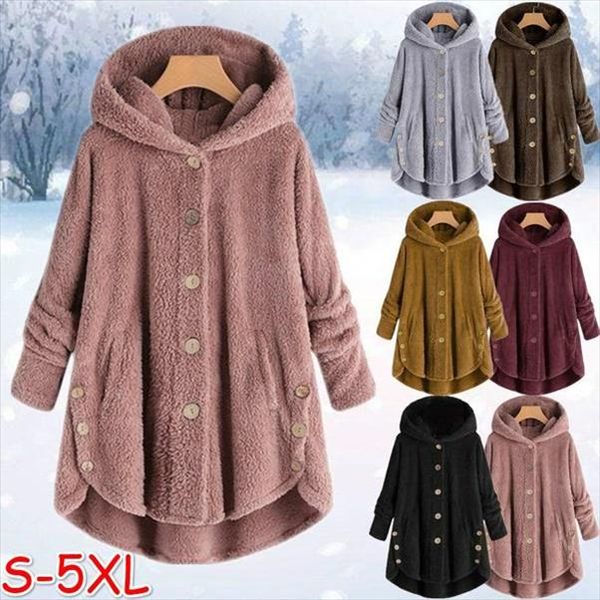 

winter coats hooded fleece fluffy button warm padded jacket women casual pocket single breasted solid parkas outwear plus size, Black