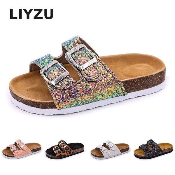 

summer beach kids slippers for girls cork sandals bling sequins parent-child shoes leopard barefoot flats slippers y201028, Black;grey