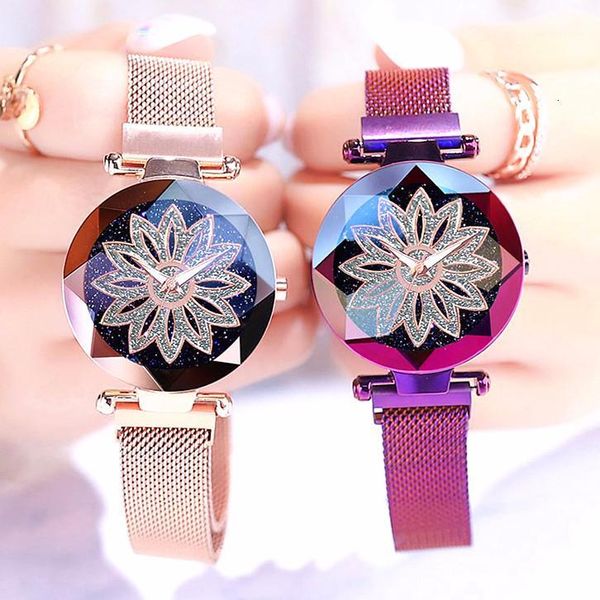

women magnet buckle starry sky flower watch luxury ladies stainless steel quartz watch gift clock relogio feminino1, Slivery;brown