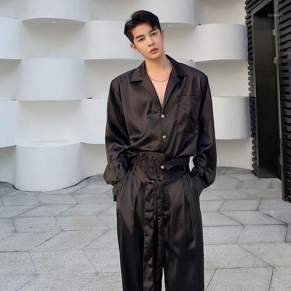 

men 2 piece suits sets men long sleeve satin style casual retro fashion shirt wide leg belt trousers japan streetwear shirt1, White;black