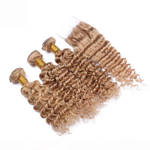 

virgin peruvian honey blonde human hair weaves with closure 4pcs lot deep wave #27 strawberry blonde 4x4 lace closure with wavy 3bundles, Black
