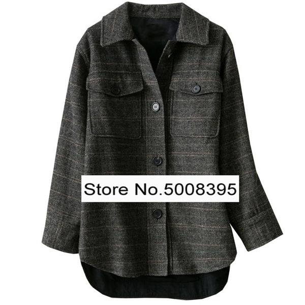 

black grey garvey herringbone checked wool blend jacket chest pockets long sleeves oversize shirt-collar front button 201028, Black;brown