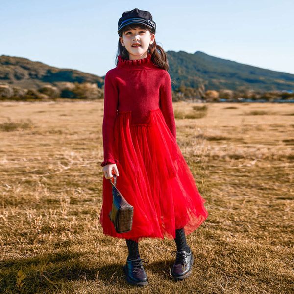 

winter 2020 new korean children's clothing autumn girl's and mh splicing drs long sve lace princs skirt, Red;yellow