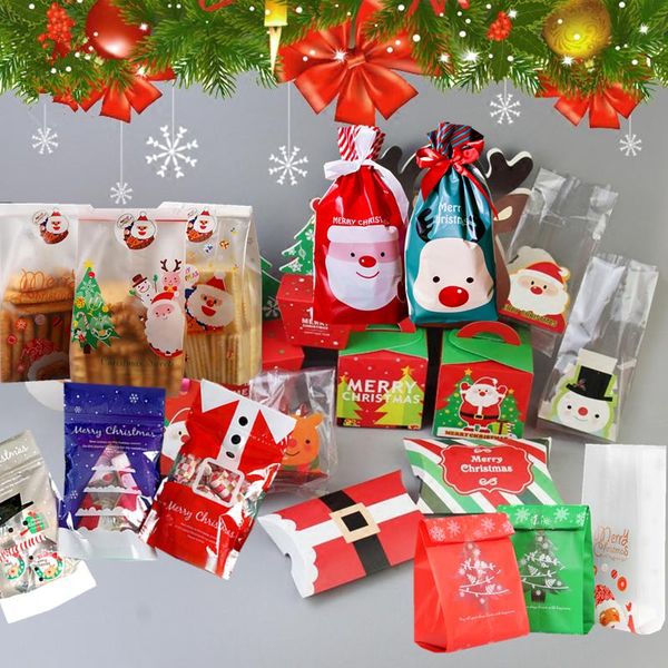 

50pcs merry christmas decoration gift bag boxes for candy cookie santa claus tree packing plastic bags pillow paper box card wmtaun