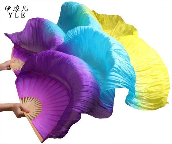 

100% silk belly dance fans 1 pair handmade bamboo ribs long silk belly dance fans purple+turquoise+yellow 180*90 cm1, Black;red