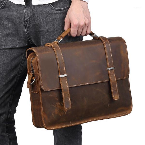 

briefcases crazy horse leather retro men's genuine bag briefcase fashion handbag quality cross section shoulder computer bag1