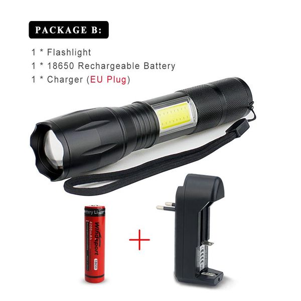

led flashlight cob side lamp design t6 2000 lumens zoomable rechargeable led torch 4 light modes for 18650 battery charger bbygzj alice_bag