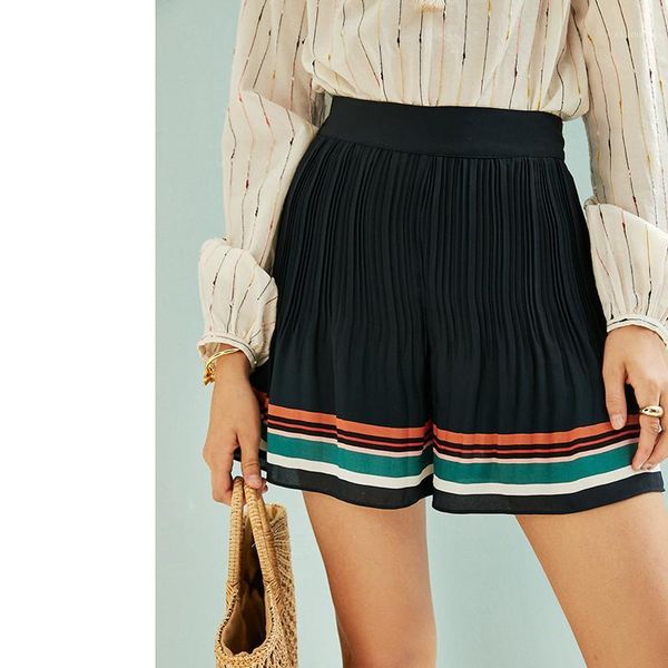 

2019 new women high waist short slant hit color strips slim gradient pleated chiffon skirt shorts1, White;black