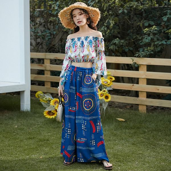 

thailand travel wear suit women's summer seaside vacation beach fashion pants wide leg pantswide leg pantstwo-piece bohemian wide-le, Gray