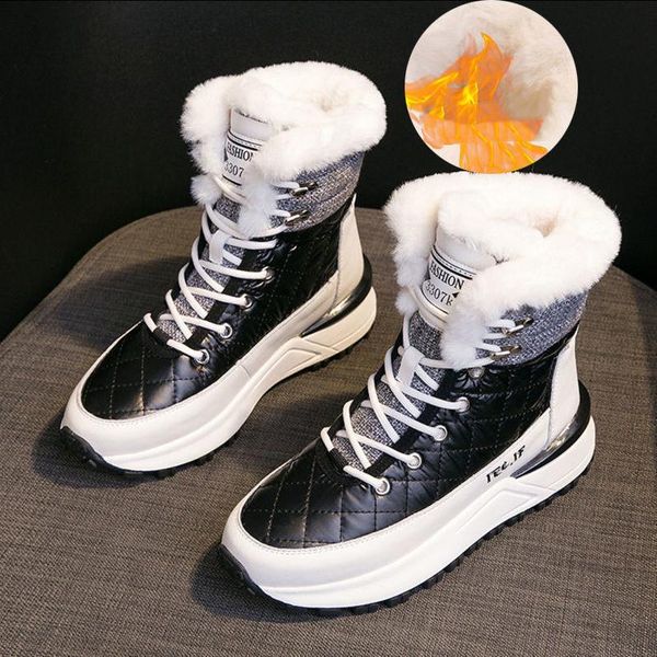 

boots winter waterproof snow woman plus velvet keep warm sneakers women platform shoes outdoor non-slip short, Black