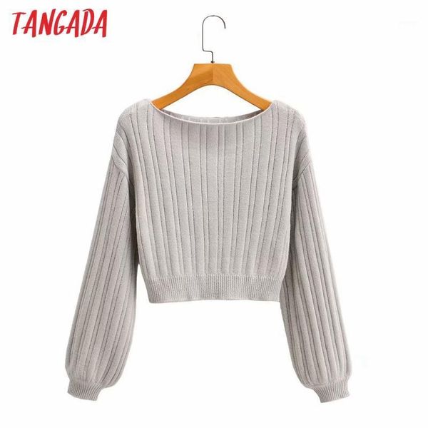 

tangada fall 2020 women slash neck sweater knitted pullover sweater lantern sleeve gray jumper sy2621, White;black