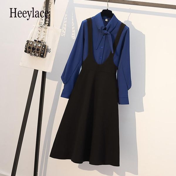 

plus size office ladies elegant two piece set korean bow collar long sleeve blouse and spaghetti straps dresses sets vintage set1, Gray