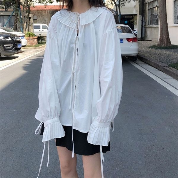 

soild color shirt korean style sweet turn down collar long sleeve blouses womens and blouse 2020 outwear coats (x1560) c1015, White