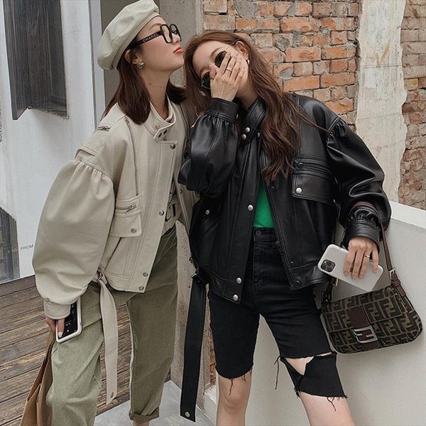 

oversized black leather jacket women long sleeve loose plus size outerwear spring women fashion 2020 motorcycle jacket