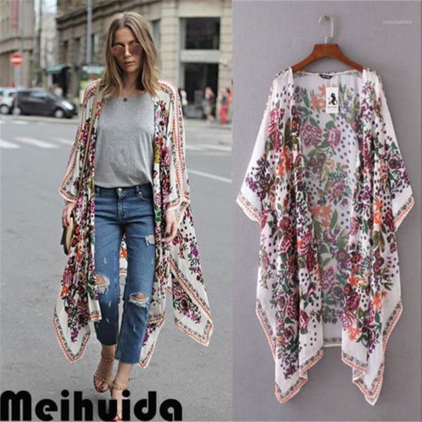 

women floral print chiffon loose shawl kimono cardigan cover up blouse, White