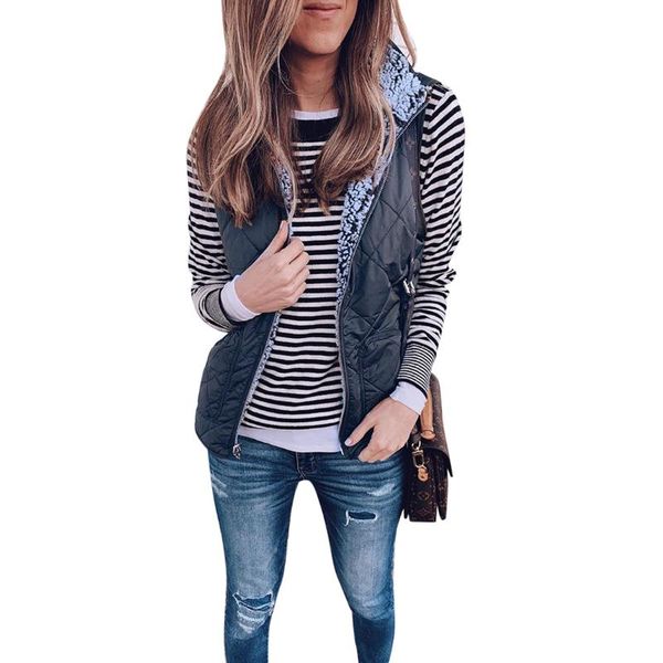 

women's vest coat zipper warm jacket outwear casual fashion solid color lapel collar wear on both sides coat clothing, Black;white