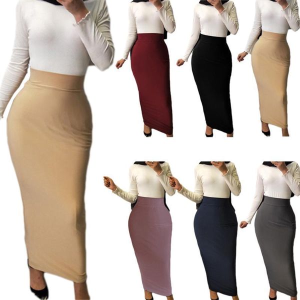 

women's muslim long skirt modal cotton bodycon high waist stretch long maxi pencil skirt office ladies elegant 2020 slim clothes1, Red