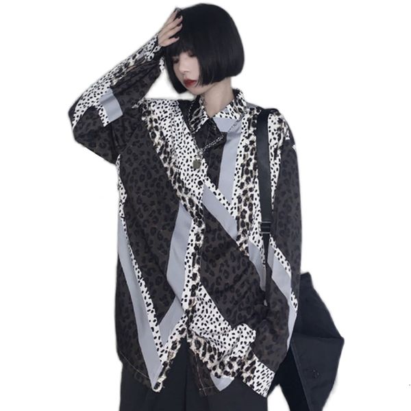 

2021 fashion stitching leopard women streetwear vintage loose long-sleeved blouse harajuku cartoon animal man shirt kktx, White