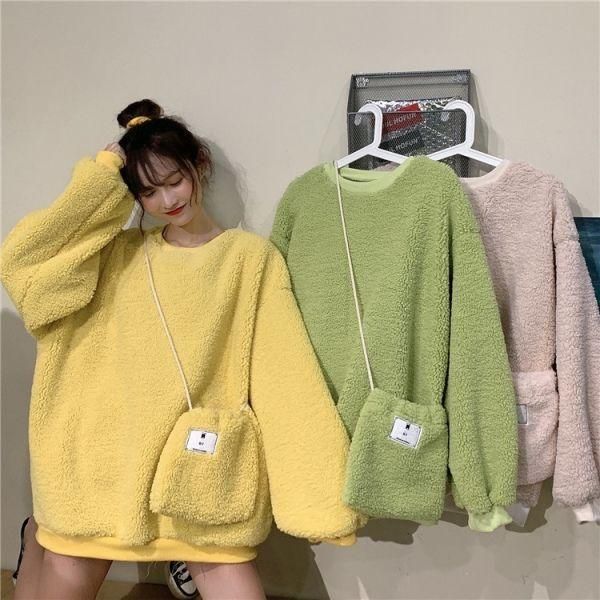 

women's hoodies & sweatshirts [send bags] spring and autumn thin long sleeve sweater imitation lamb plush thick loose coat, Black