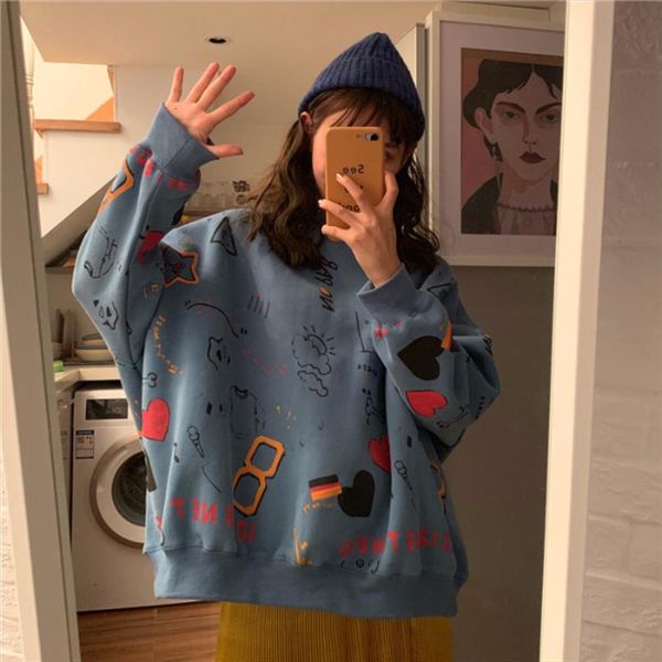 

doodle printing women round neck harajuku hoodies loose pullover oversize sweatshirt casual streetwear korean style rz*, Black
