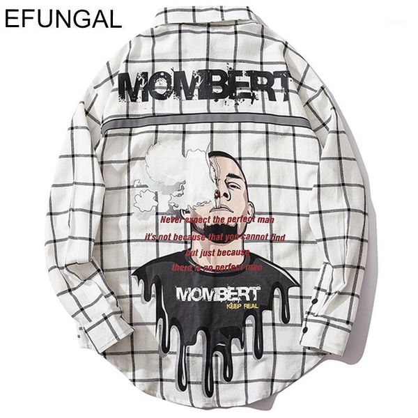

reflective strip shirt smoking character letter print shirts men 2019 fall winter casual streetwear plaid long sleeve1, White;black