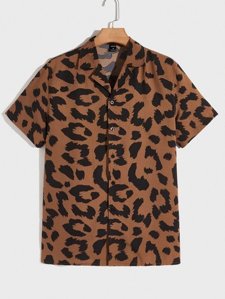 

men notched collar leopard shirt b4k5#, White;black