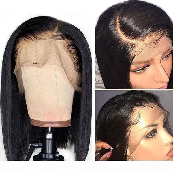 

soft human hair short bob wigs for black women peruvian straight hair wig with baby hair remy human 4x13 lace front wigs, Black;brown