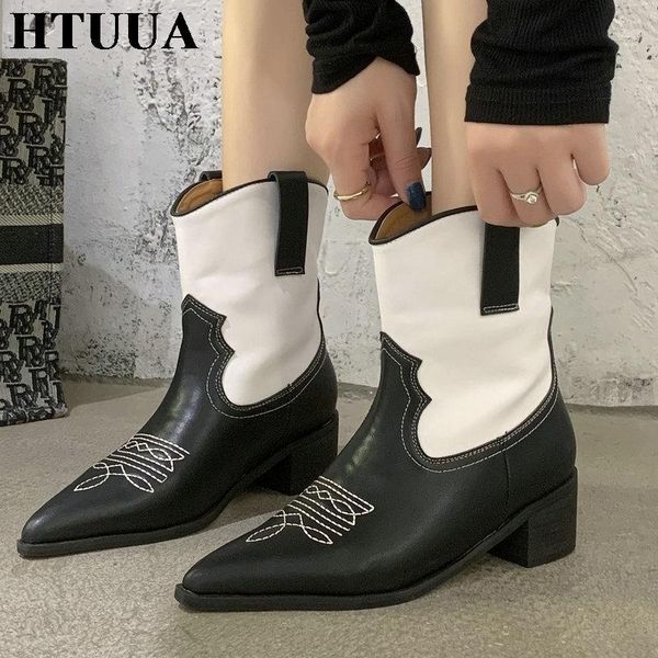 

htuua brand design embroidery women's autumn boots 2020 new pointed square heel western boots ladies short ankle booties sx42671, Black
