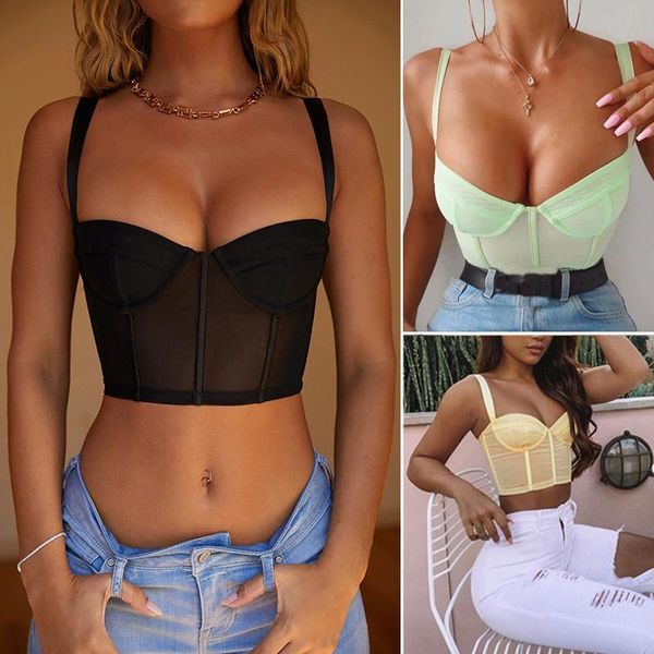 

women tank bustier bra vest short crop bralette strap singlet ladies sheer black green yellow, White