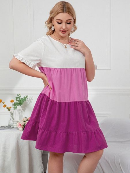 

plus colorblock flounce sleeve ruffle hem smock dress b1rc#, Black